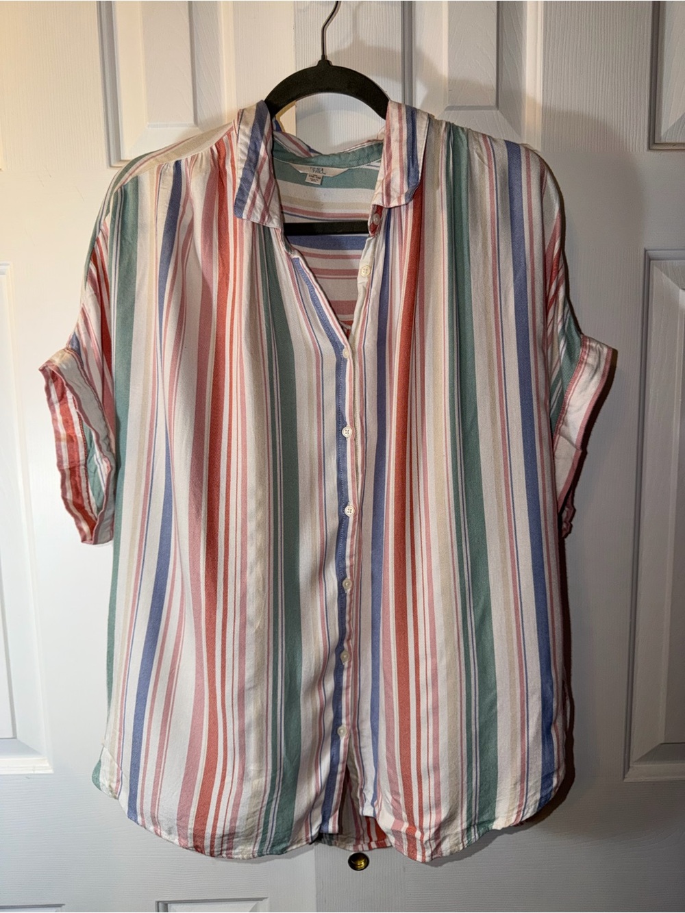 Time and Tru Multicolor Vertical Stripe Short-Sleeve Button Shirt